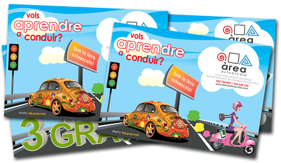 IDG GRUP WEB ::: Imagen Corporativa y Publicidad - Diseño Web - Diseño Imagen Corporativa: Logos, Dipticos, Triptcios, Flyers, Tarjetas, Documentos administrativos (hoja empresa, sobre, factura, albarán,...). Diseño e Imprenta en gran formato. ::: Diseño Flyers AREA AUTOESCOLA