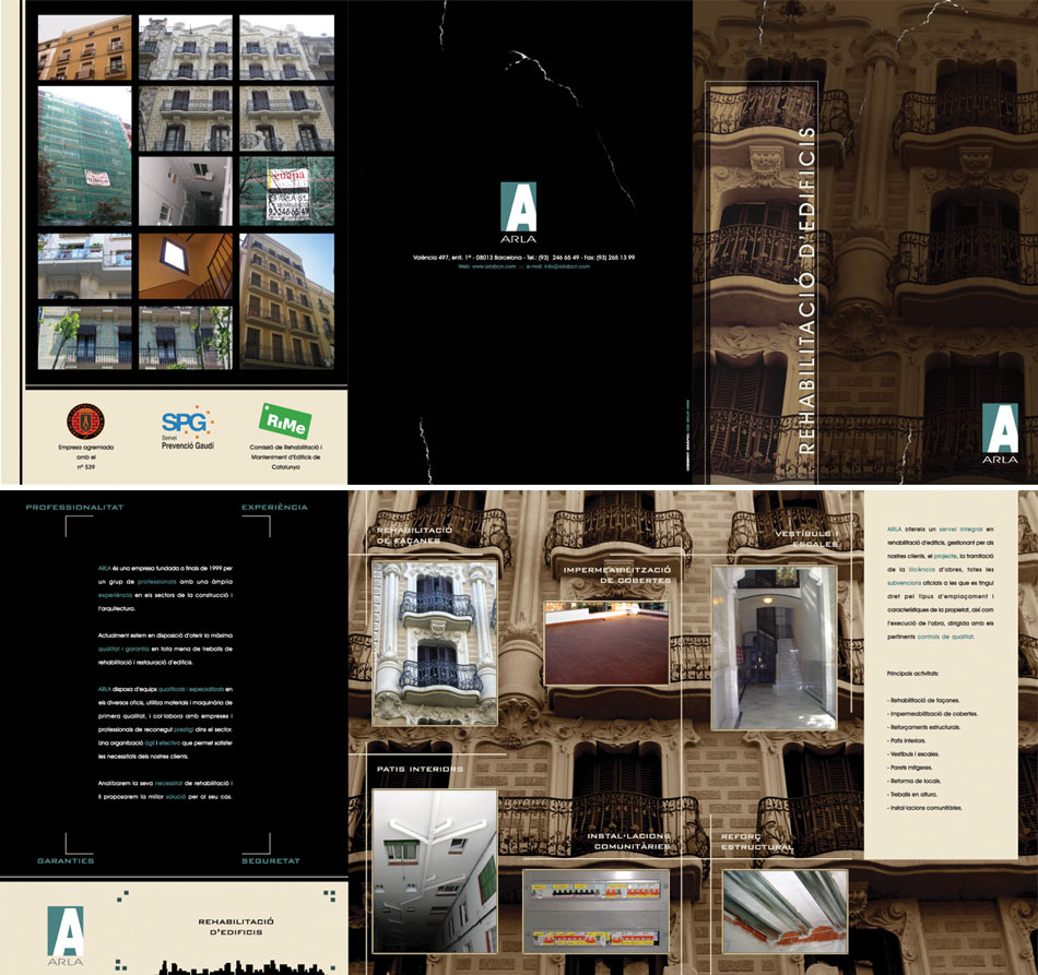 IDG GRUP WEB ::: Imagen Diseño & Gestión Web - Diseño Web - Diseño Imagen Corporativa: Logos, Dipticos, Triptcios, Flyers, Tarjetas, Documentos administrativos (hoja empresa, sobre, factura, albarán,...). Diseño e Imprenta en gran formato. ::: Diseño TRÍPTICO ARLA REHABILITACION EDIFICIOS