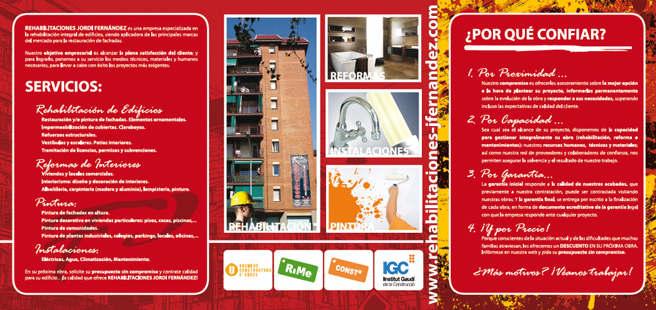 IDG GRUP WEB ::: Imagen Diseño & Gestión Web - Diseño Web - Diseño Imagen Corporativa: Logos, Dipticos, Triptcios, Flyers, Tarjetas, Documentos administrativos (hoja empresa, sobre, factura, albarán,...). Diseño e Imprenta en gran formato. ::: Diseño Tríptico J.FERNANDEZ REHABILITACIONES