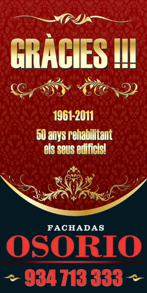 IDG GRUP WEB - IMAGEN CORPORATIVA Y PUBLICIDAD. ROTULACIÓN. Diseñamos LONAS, BANDEROLAS, PANCARTAS para las obras de empresas de construcción y rehabilitación de edificios. Frontlit, microperforadas con rejilla pvc, solvotex,... Cliente: FACHADAS OSORIO 50 ANIVERSARIO.