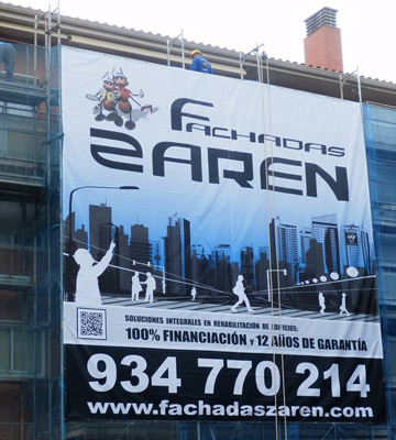 IDG GRUP WEB - IMAGEN CORPORATIVA Y PUBLICIDAD. ROTULACIÓN. Diseñamos LONAS, BANDEROLAS, PANCARTAS para las obras de empresas de construcción y rehabilitación de edificios. Frontlit, microperforadas con rejilla pvc, solvotex,... Lona GRAN FORMATO Cliente: FACHADAS ZAREN.