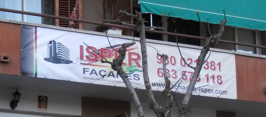 IDG GRUP WEB - IMAGEN CORPORATIVA Y PUBLICIDAD. ROTULACIÓN. Diseñamos LONAS, BANDEROLAS, PANCARTAS para las obras de empresas de construcción y rehabilitación de edificios. Frontlit, microperforadas con rejilla pvc, solvotex,... Cliente: ISPER FAÇANES.