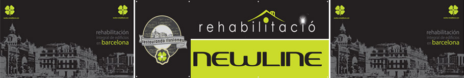 IDG GRUP WEB - IMAGEN CORPORATIVA Y PUBLICIDAD. ROTULACIÓN. Diseñamos LONAS, BANDEROLAS, PANCARTAS para las obras de empresas de construcción y rehabilitación de edificios. Frontlit, microperforadas con rejilla pvc, solvotex,... Cliente: NEWLINE REHABILITACIÓ.