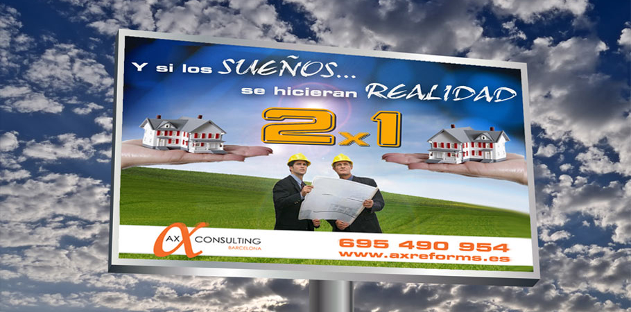 IDG GRUP WEB - IMAGEN CORPORATIVA Y PUBLICIDAD. ROTULACIÓN. Diseñamos LONAS, BANDEROLAS, PANCARTAS para las obras de empresas de construcción y rehabilitación de edificios. Frontlit, microperforadas con rejilla pvc, solvotex,... Valla publicitaria. Gran formato. Cliente: AX.