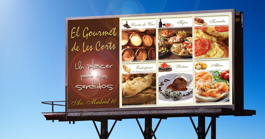 IDG GRUP WEB - IMAGEN CORPORATIVA Y PUBLICIDAD. ROTULACIÓN. Diseñamos LONAS, BANDEROLAS, PANCARTAS para las obras de empresas de construcción y rehabilitación de edificios. Frontlit, microperforadas con rejilla pvc, solvotex,... Valla publicitaria. Gran formato. Cliente: EL GOURMET DE LES CORTS.